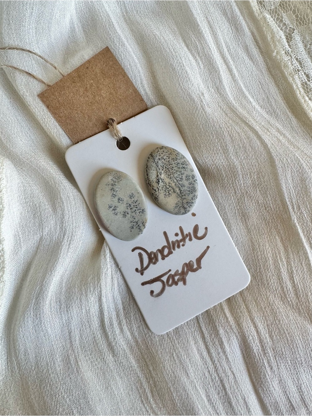 Dendritic Jasper Oval Stone Earrings - Cream and Gray Indigo Blue 1.5”